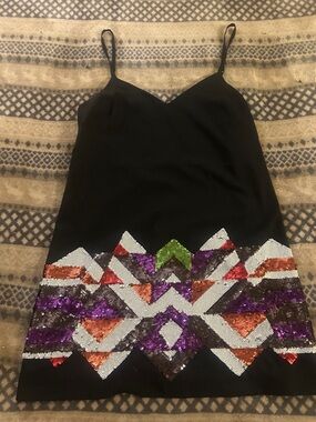 Express Black Mini Dress with Multicolor Sequin Geo Pattern size medium M